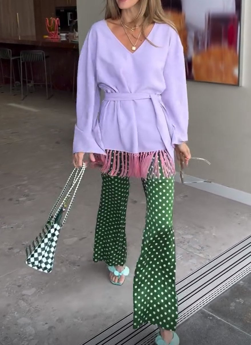 Lilac V Neck Tassel Belted Tunic Top Green Polka Dot Wide Leg Pants 2 Piece Outfit