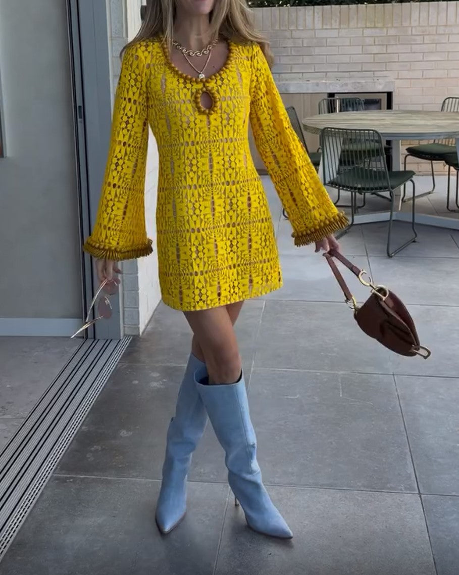 Yellow Crochet Beaded Long Sleeve Mini Dress Hollow Out Bohemian Vacation Dress