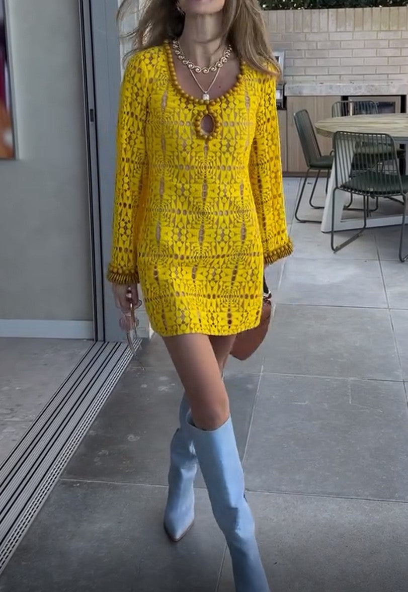 Yellow Crochet Beaded Long Sleeve Mini Dress Hollow Out Bohemian Vacation Dress