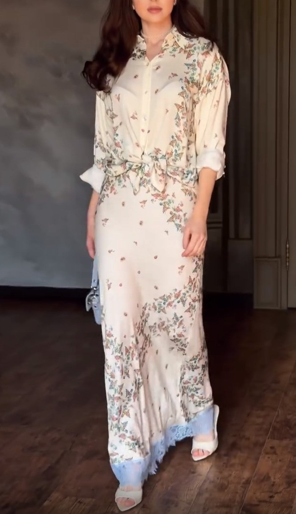 Beige Floral Print Shirt & Lace Hem Maxi Skirt 2 Piece Outfit
