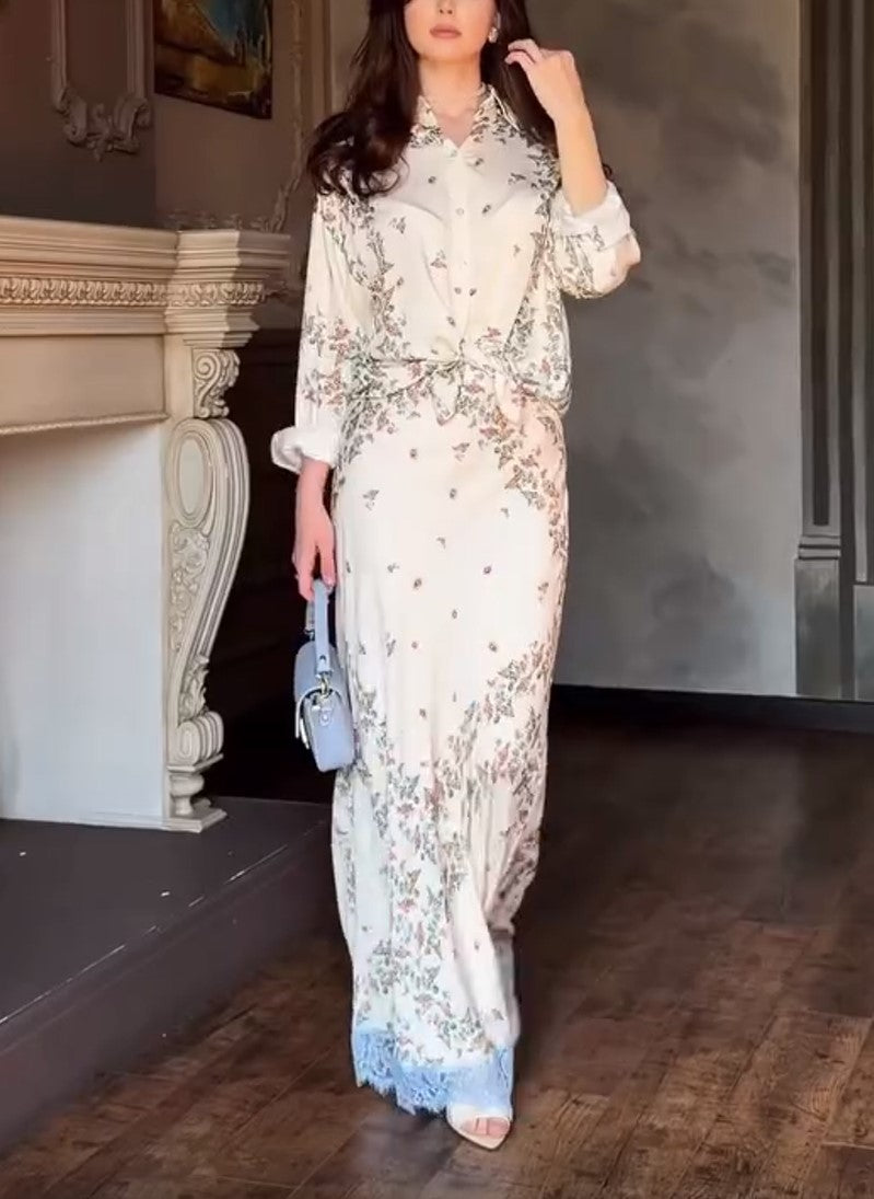 Beige Floral Print Shirt & Lace Hem Maxi Skirt 2 Piece Outfit