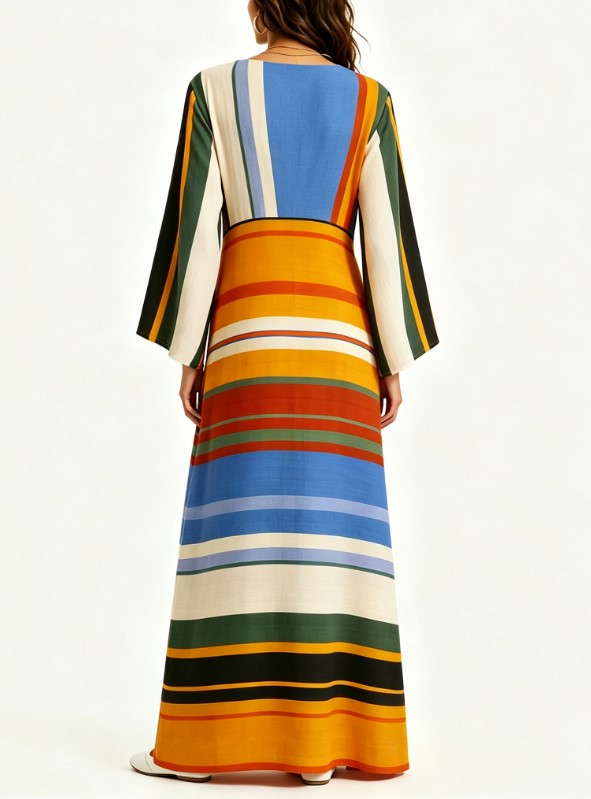Color Block Stripe V Neck Tassel Bell Sleeve Vacation Maxi Dress