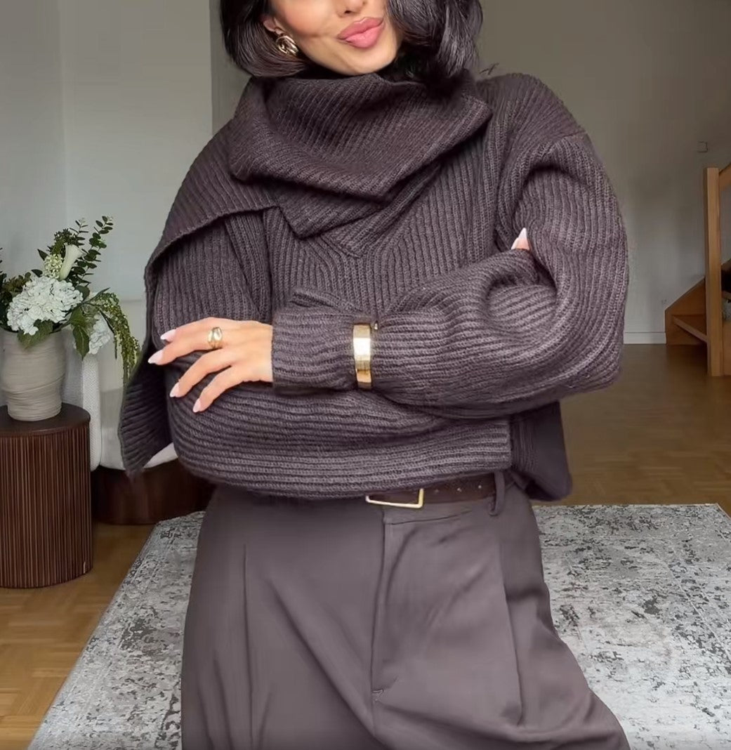 Women’s Oversized Wrap Scarf Collar Sweater Casual Loose Pullover Knit Top