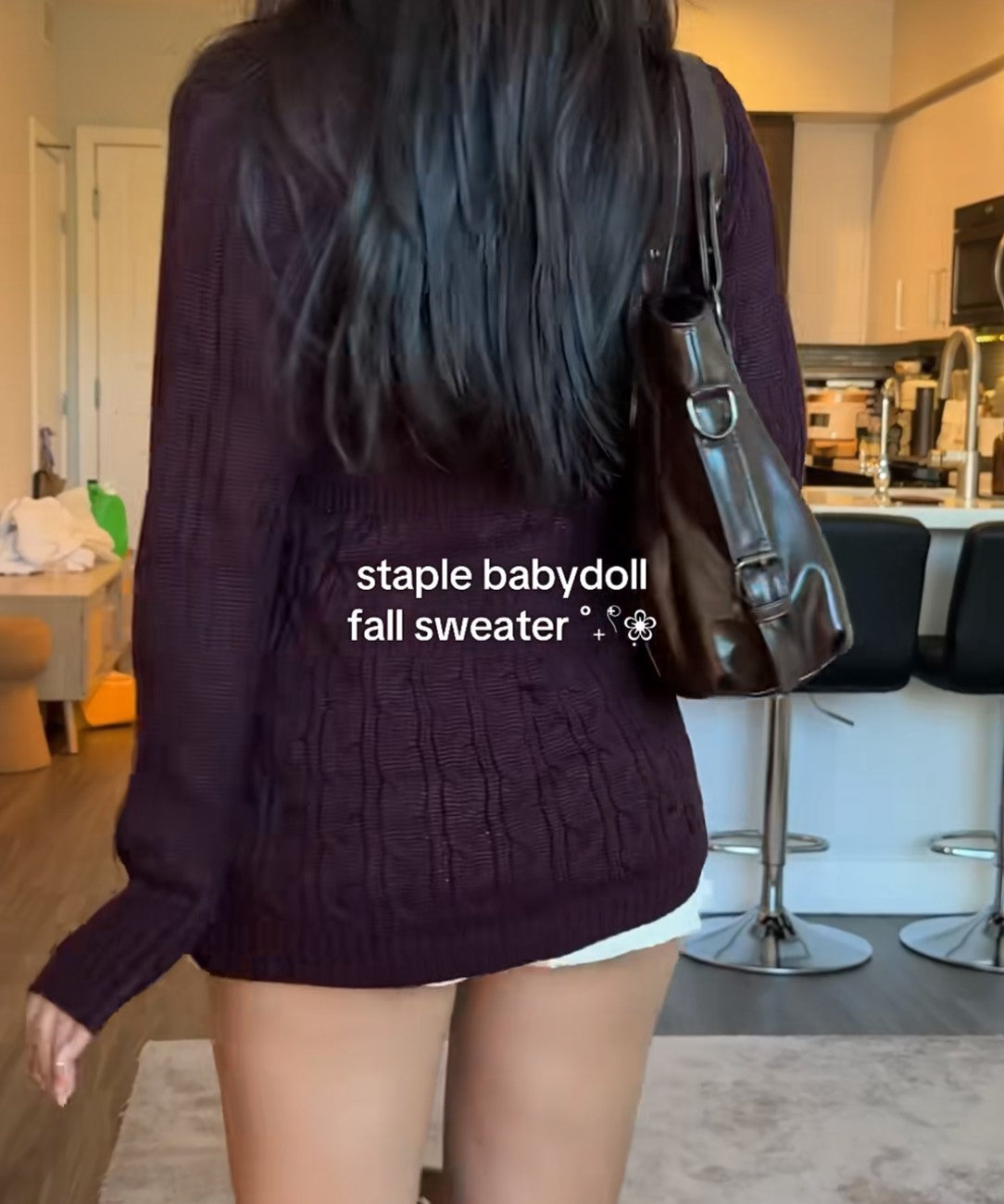 Women’s V‑Neck Babydoll Cable Knit Sweater Long Sleeve Fall Casual Pullover Top