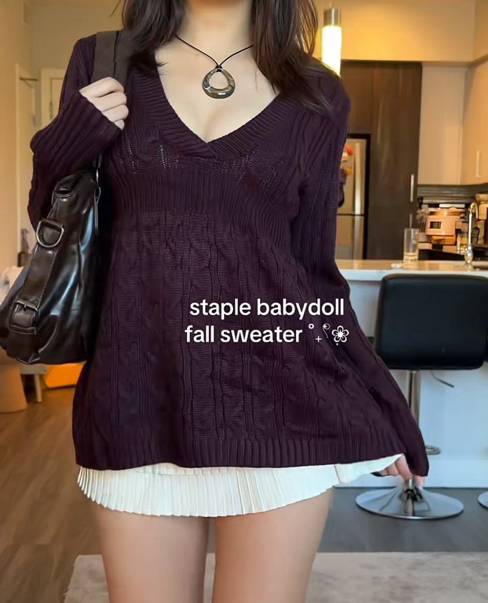 Women’s V‑Neck Babydoll Cable Knit Sweater Long Sleeve Fall Casual Pullover Top