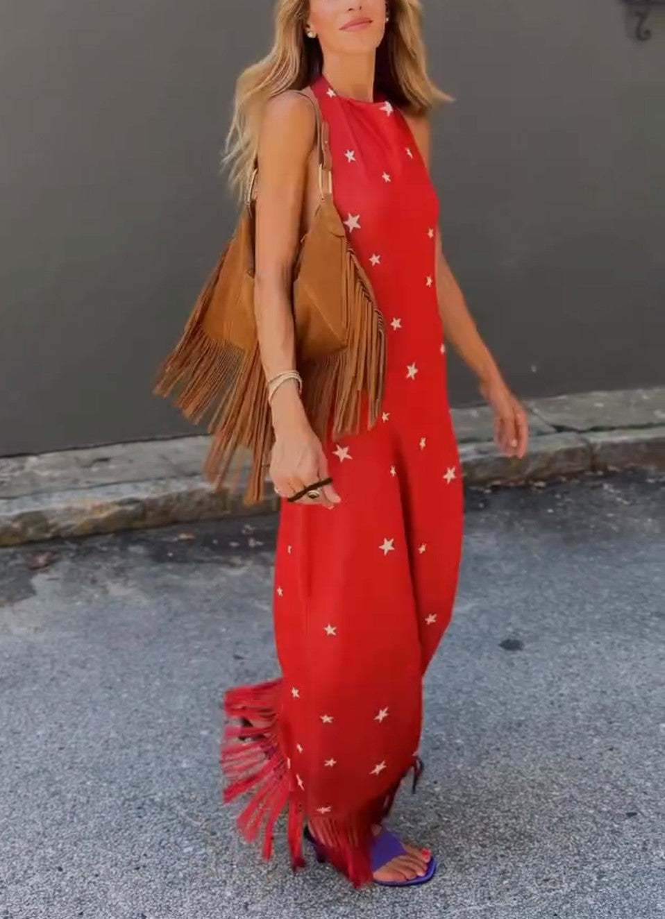 Red Star Print Halter Sleeveless Fringe Hem Maxi Dress