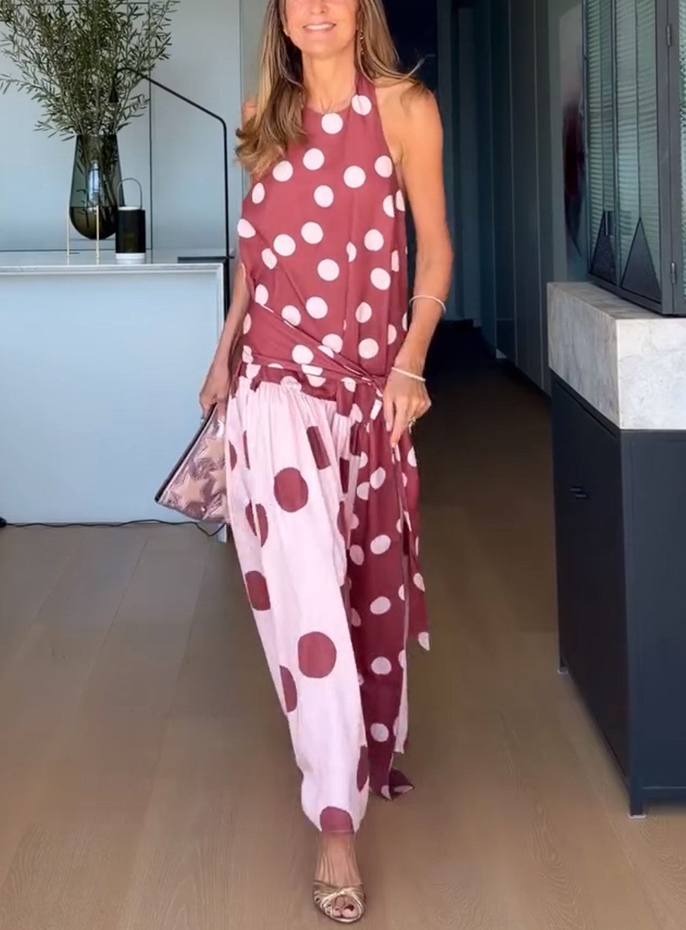 Halter Polka Dot Color Block Maxi Dress