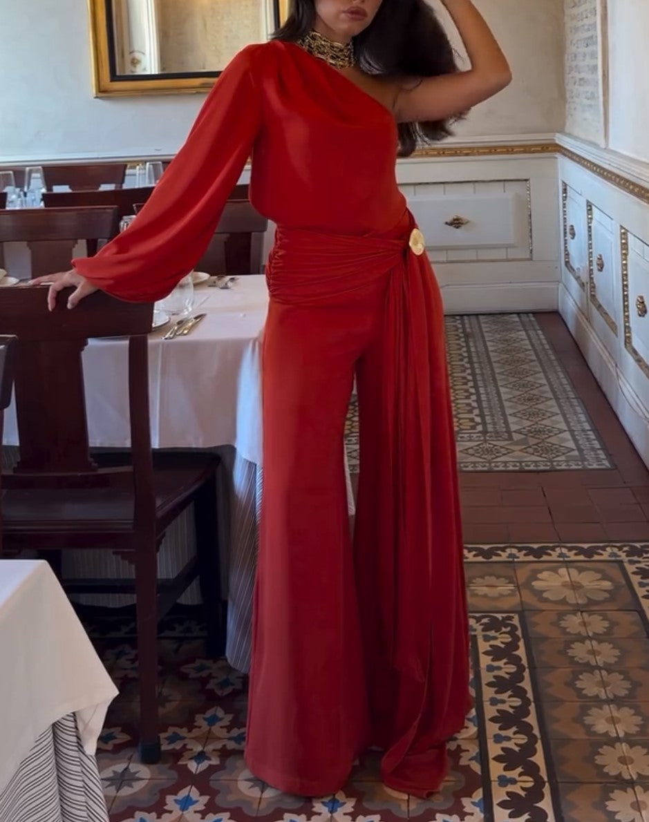 One Shoulder Satin Wide Leg Pants Set Red