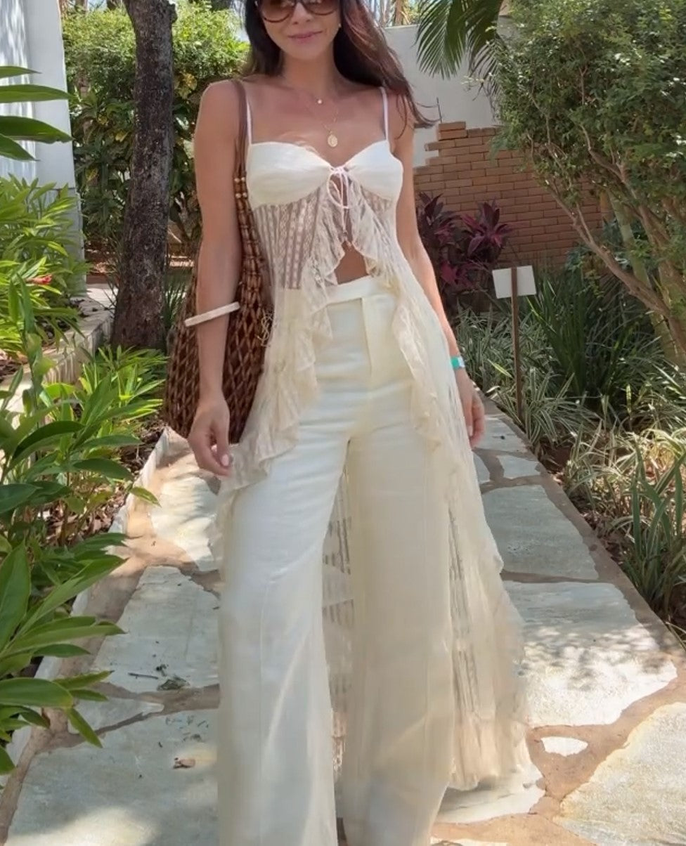 Cream Lace Spaghetti Strap Top & Wide Leg Pants Boho Two Piece Set