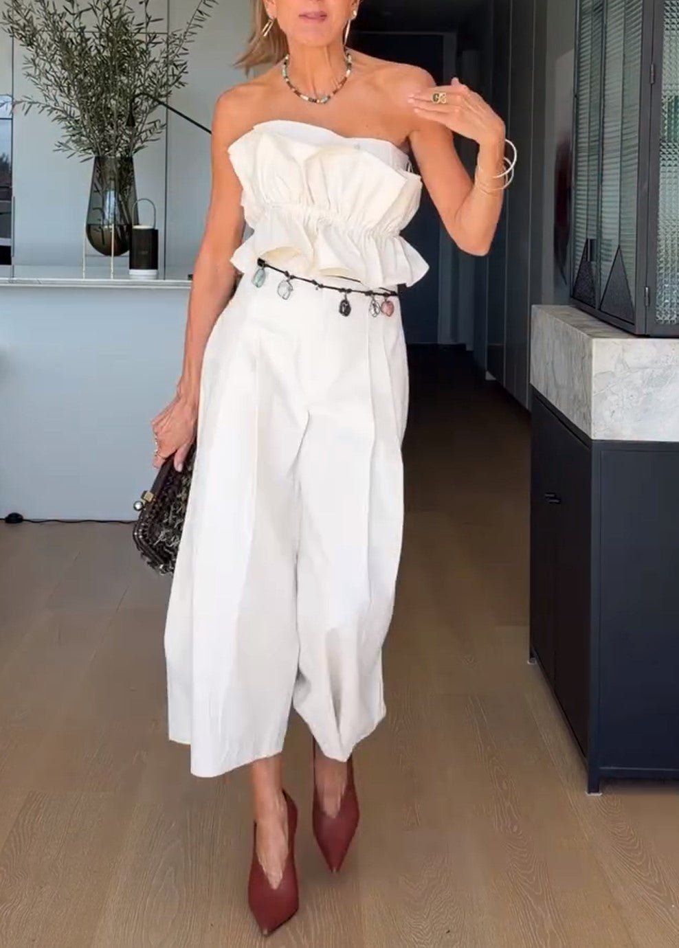 Strapless Ruffle Crop Top & Pleated Midi Culotte Set