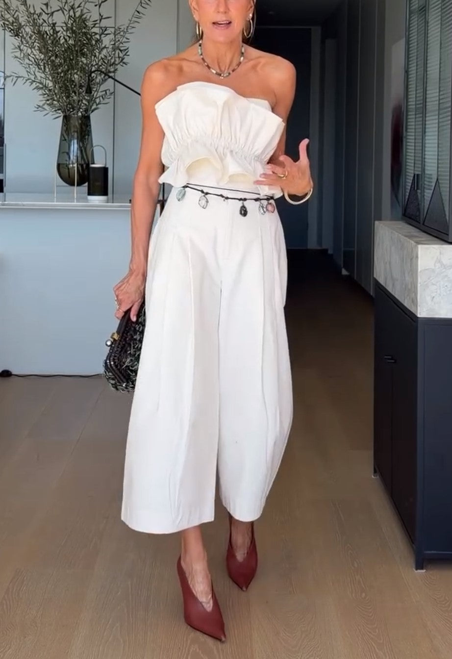 Strapless Ruffle Crop Top & Pleated Midi Culotte Set