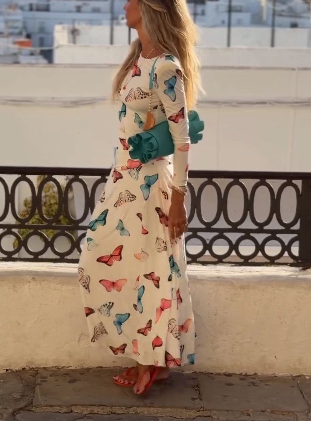 Butterfly Print 3/4 Sleeve Midi Dress Round Neck Flared A-Line Dress