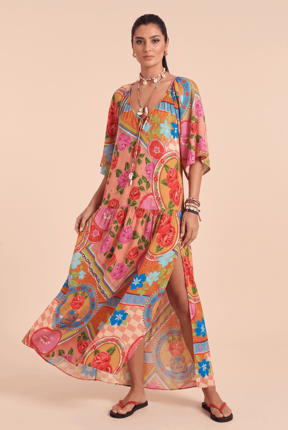 Vintage Colorful Rose Patchwork Printed V-Neck Strap Trumpet Sleeve Long Dress