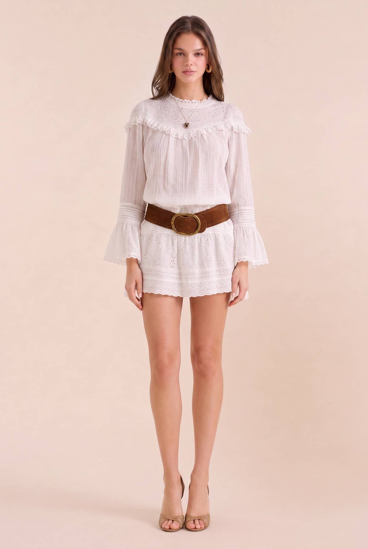 White Lace Stand Collar Ruffle Sleeve Waist Lace-up Short Dress