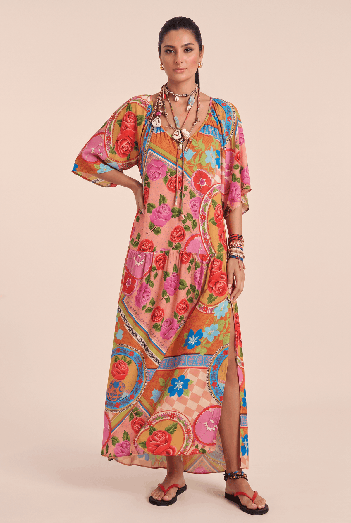 Vintage Colorful Rose Patchwork Printed V-Neck Strap Trumpet Sleeve Long Dress