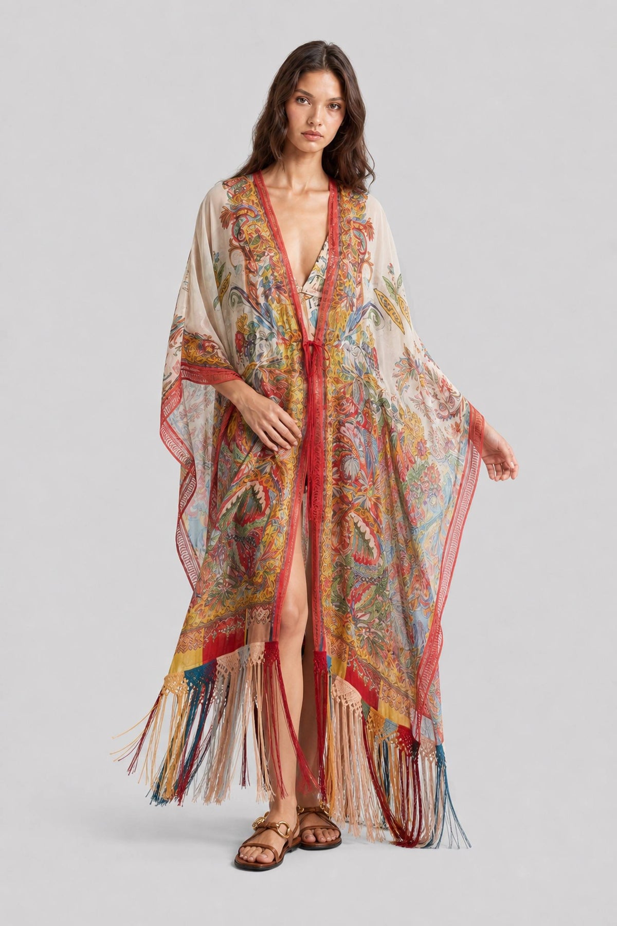 Vintage Ethnic Print Lace-Up Tassel Split Beach Blouse Robe
