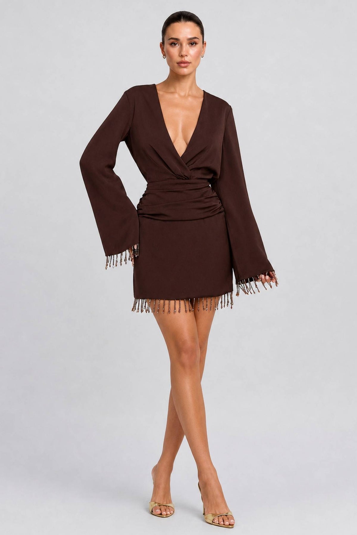 Deep V Satin Long Sleeve Short Dress