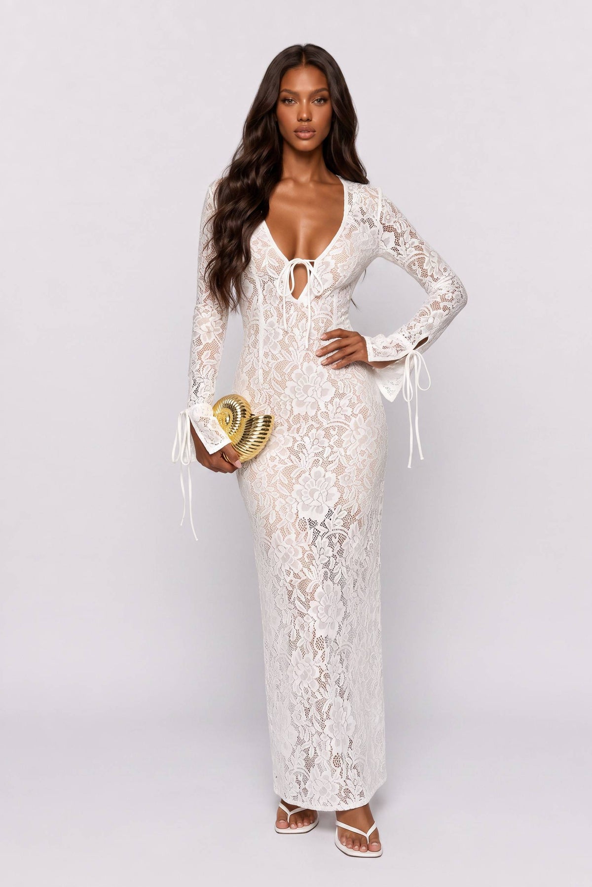 Deep V-Lace Floral Lace Cut-Out Maxi Dress
