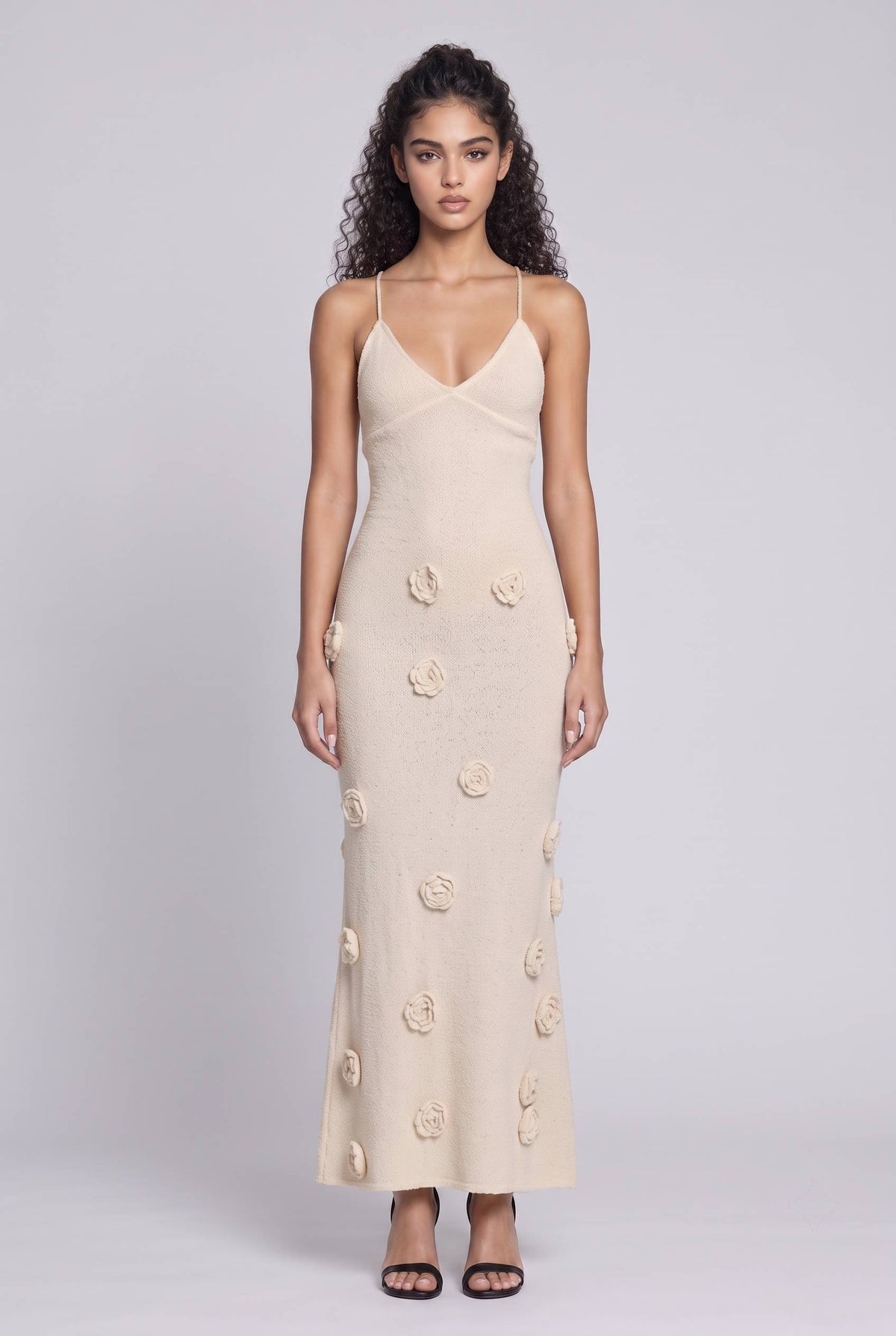 Knit Flower Strap Maxi Dress