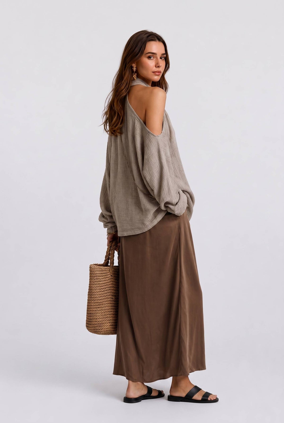 Texture Open-Shoulder Long-Sleeved Top High-Waist Bright Satin Skirt Set