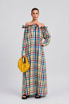 Colorful Plaid Wooden Ear Off-shoulder Long Sleeve Breasted Loose Long Shirt Dress