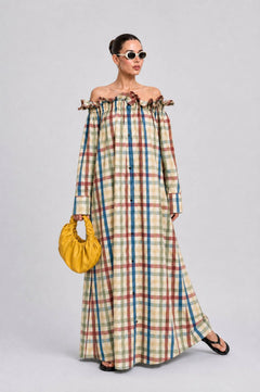 Colorful Plaid Wooden Ear Off-shoulder Long Sleeve Breasted Loose Long Shirt Dress