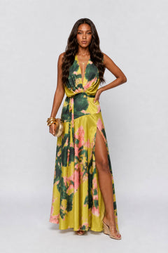 Tropical Floral Print V-Neck Maxi Dress With Side Slit - Boho Summer Gown