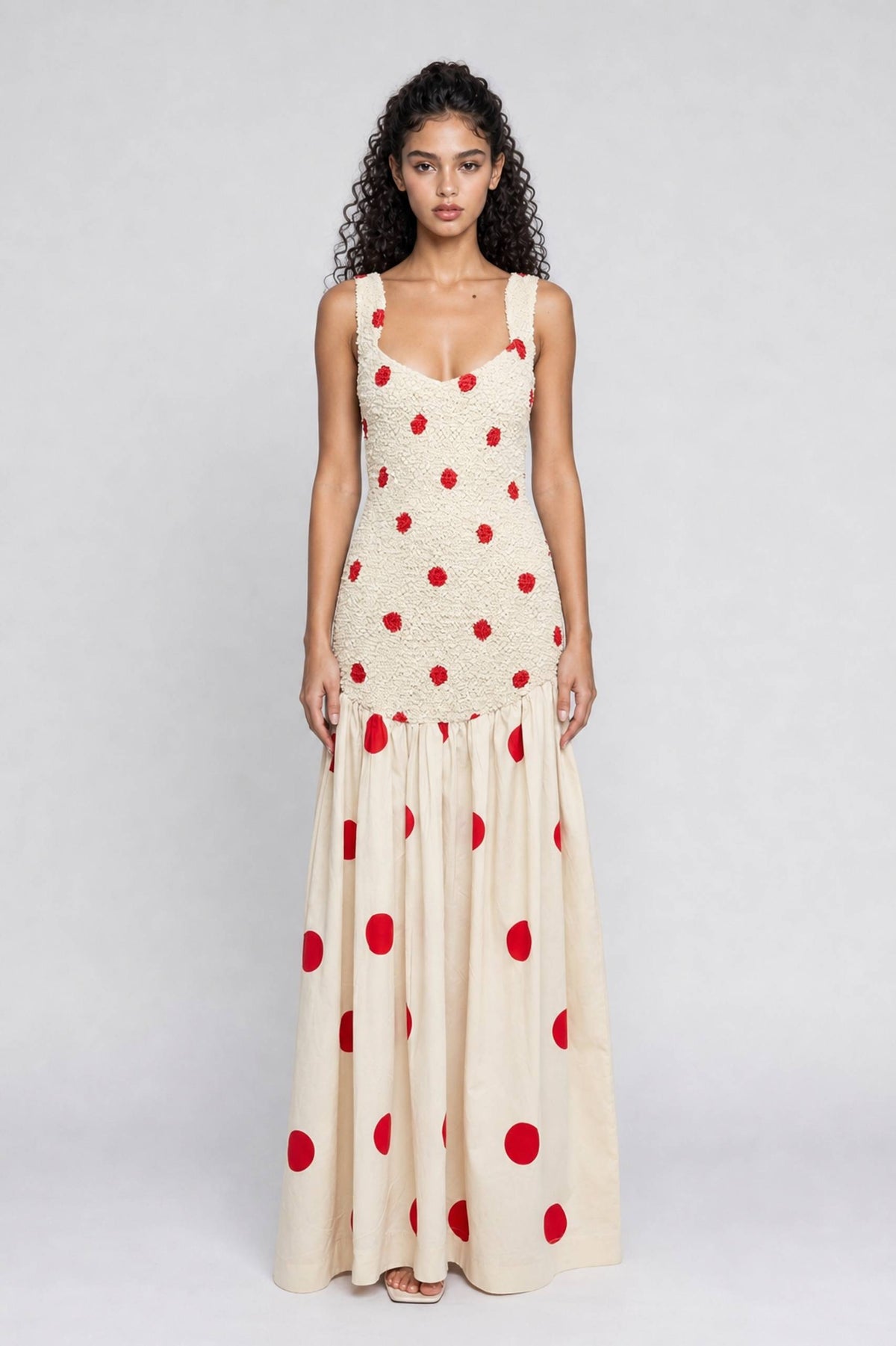 Beige Texture Wide Shoulder Strap Red Wave Dot Stitching Waist Large Swing Long Dress