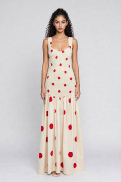 Beige Texture Wide Shoulder Strap Red Wave Dot Stitching Waist Large Swing Long Dress