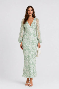 V-Neck Bubble-Sleeve Lightweight Satin Floral Dress