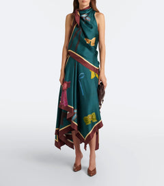 Green Scarf Print Halter Neckline Handkerchief Hem Satin Midi Dress [erp-image:c1db3b2e48b71ff11a0a8e03]
