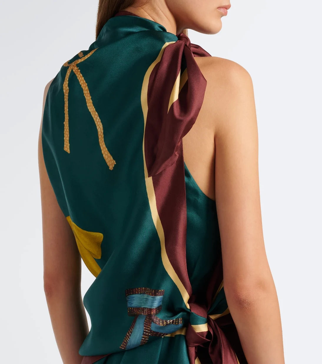 Green Scarf Print Halter Neckline Handkerchief Hem Satin Midi Dress [erp-image:3a59f52ab25a3adf8763cc30]