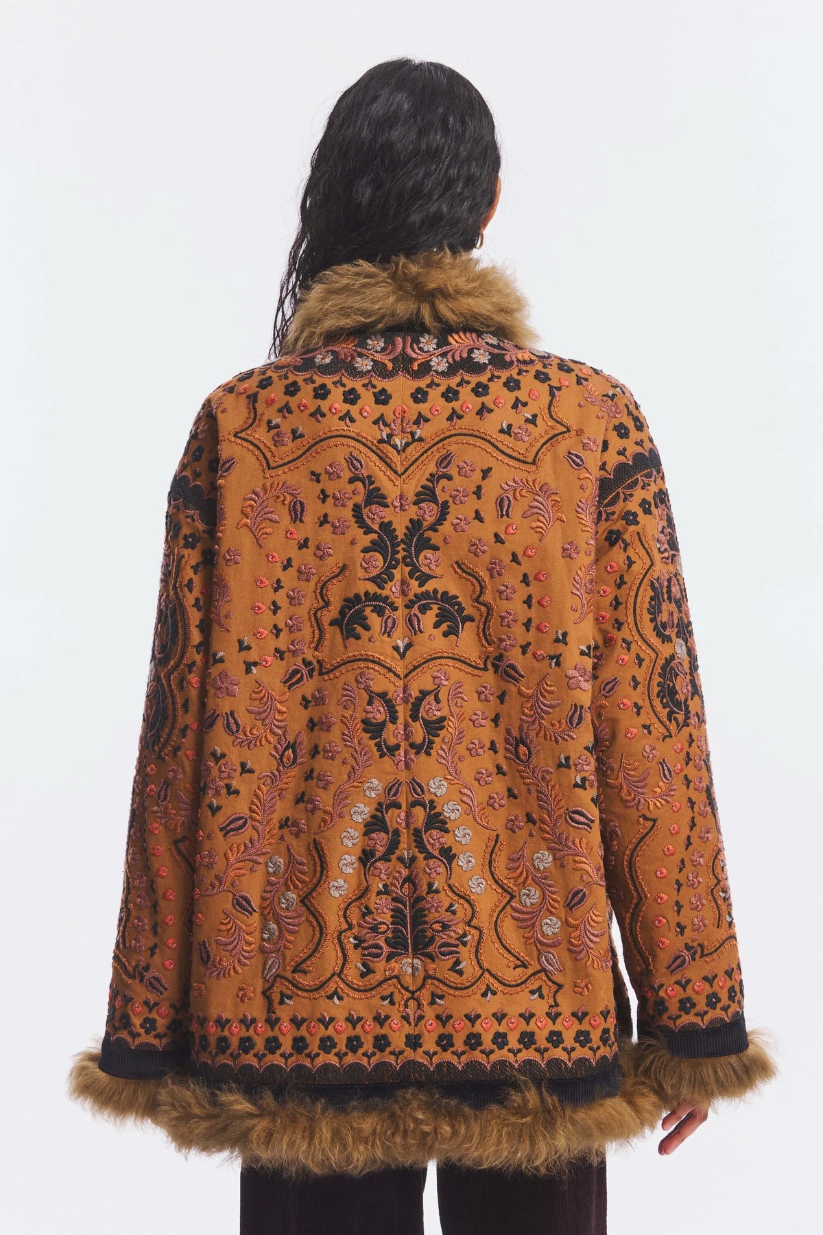 Women's Bohemian Tapestry Print Faux Fur Trimmed Mid Length Winter Coat [erp-image:df11a4eda3c5cd6d6960f6e8]