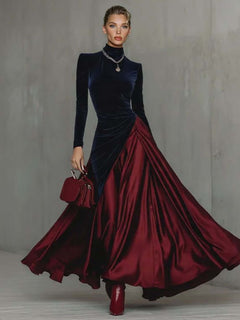Elegant Velvet Satin Color-blocked Maxi Dress