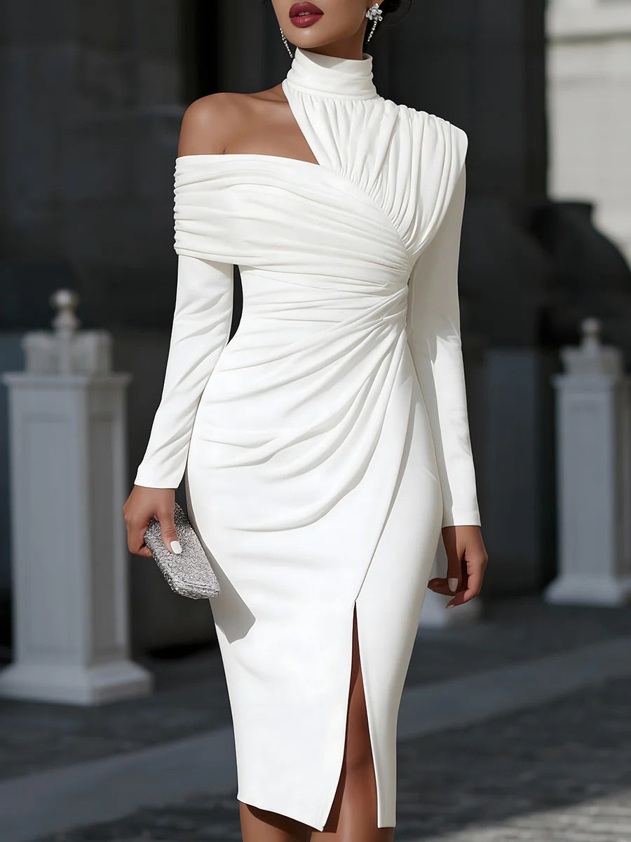 Asymmetric Off‑Shoulder Ruched Long Sleeve Slit Midi Party Dress