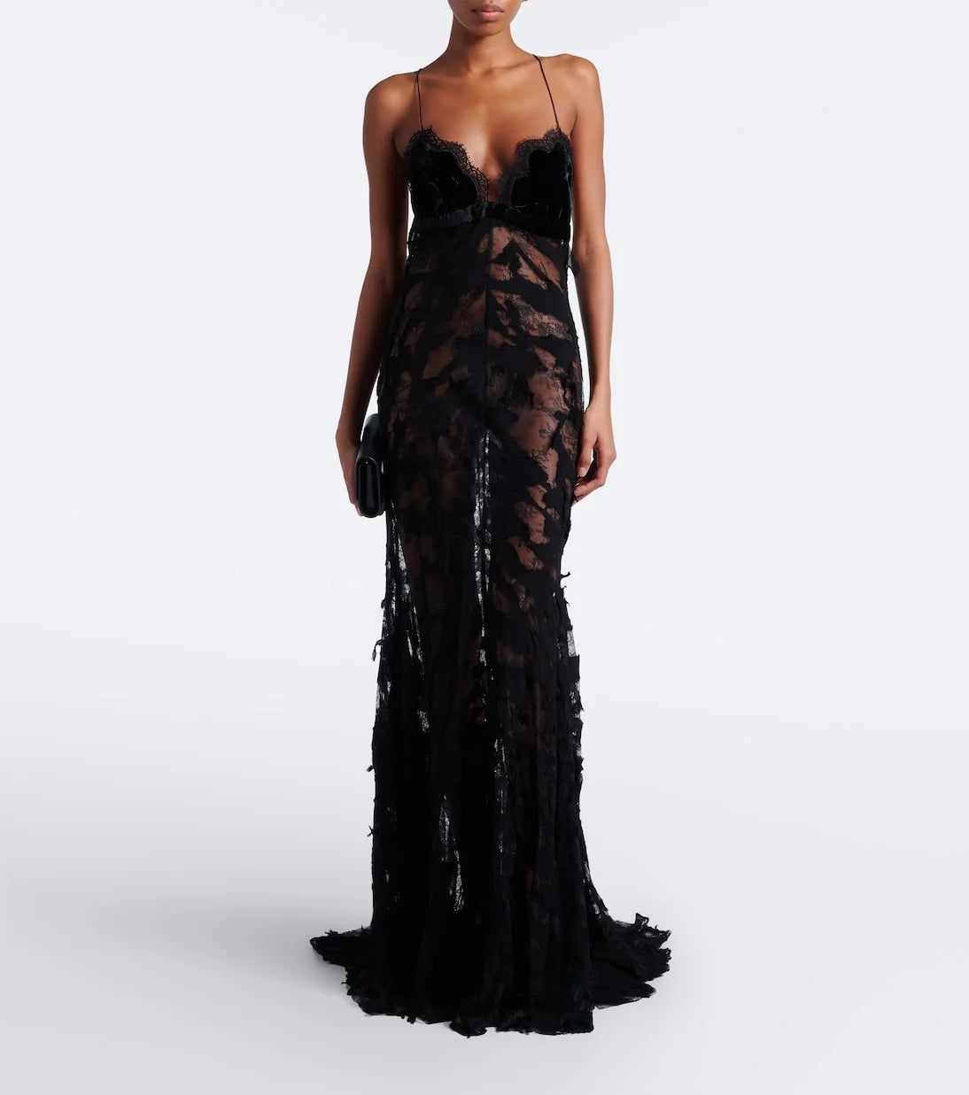 Black Lace Cami Maxi Dress with V-Neckline and Sheer Overlay [erp-image:bde1e9e6bb7ccd8f4cd0aab2]