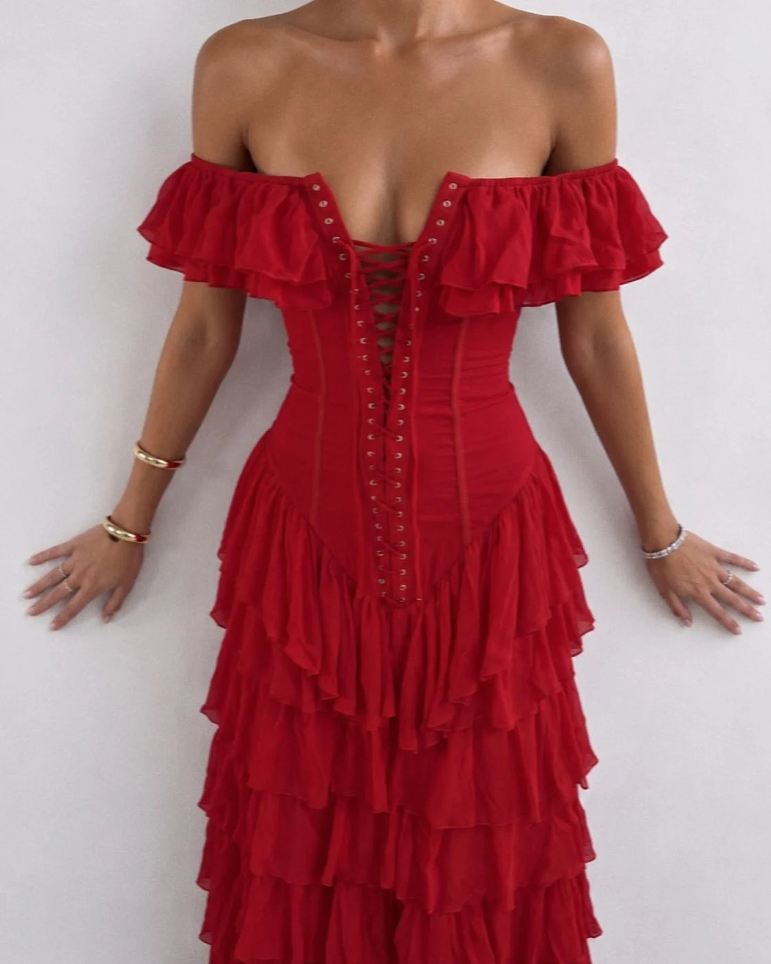 Off-Shoulder Corset Lace-Up Tiered Ruffle Slit Maxi Dress [erp-image:6acbb8c1f1a456ae85a51a2b]