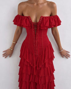 Off-Shoulder Corset Lace-Up Tiered Ruffle Slit Maxi Dress [erp-image:6acbb8c1f1a456ae85a51a2b]