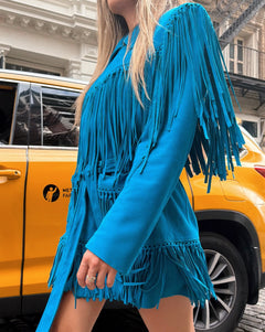 Western Fringe Suede Long Sleeve Belted Lapel Mini Dress in Blue