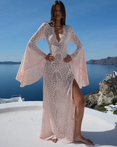 Blush Pink Lace Deep V-Neck Maxi Dress with Dramatic Bell Sleeves