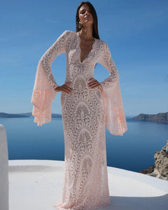 Blush Pink Lace Deep V-Neck Maxi Dress with Dramatic Bell Sleeves
