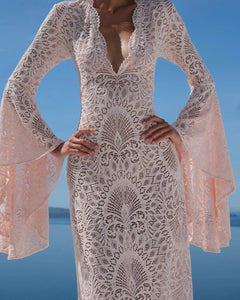 Blush Pink Lace Deep V-Neck Maxi Dress with Dramatic Bell Sleeves