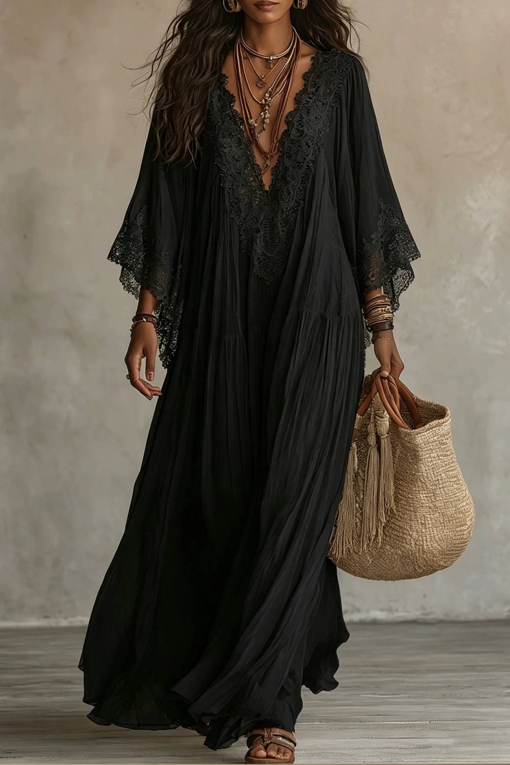 Lace V-neck Trumpet Sleeve Bohemian Long Dress