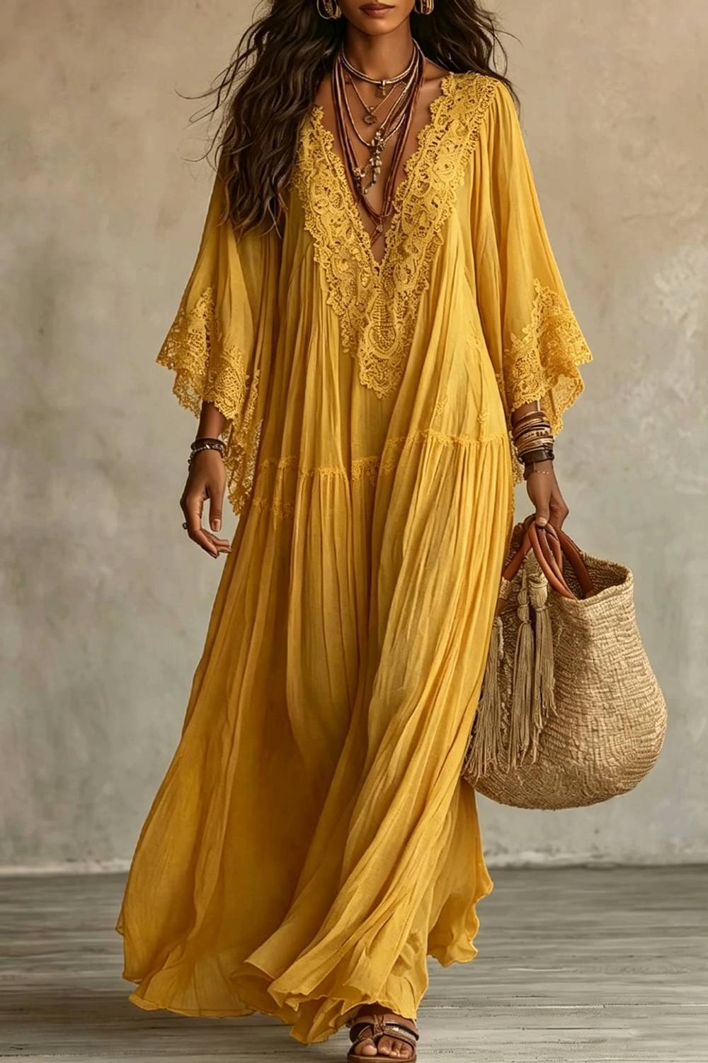 Lace V-neck Trumpet Sleeve Bohemian Long Dress