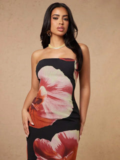Strapless Floral Print Slim Fit Tube Column Maxi Dress
