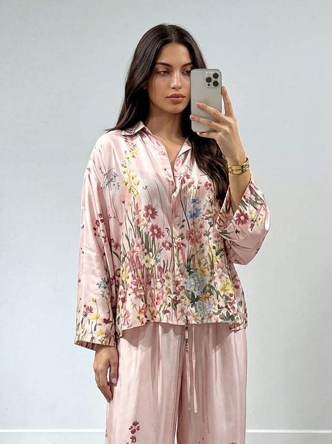 Elegant Floral Print Satin Button Shirt