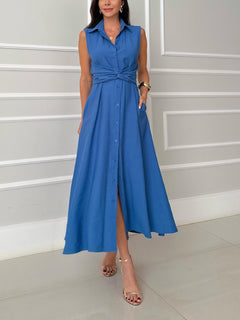 Unique Shirt Style Single-breasted Tie Midi Dress