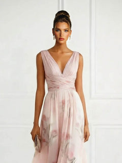 Elegant V-Neck Floral Print Tulle Maxi Dress