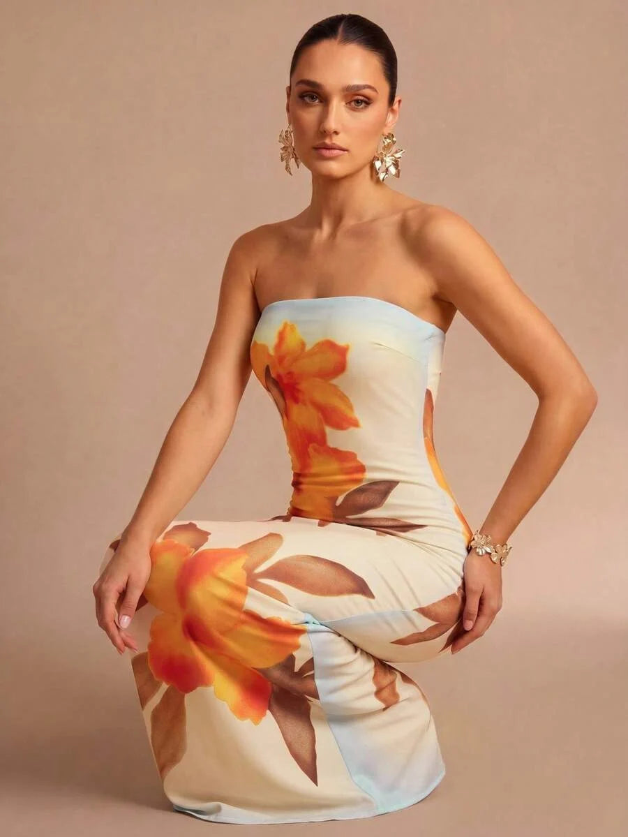 Strapless Floral Print Slim Fit Tube Column Maxi Dress