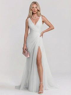 Elegant V-Neck Ruched Tulle High Slit Maxi Dress